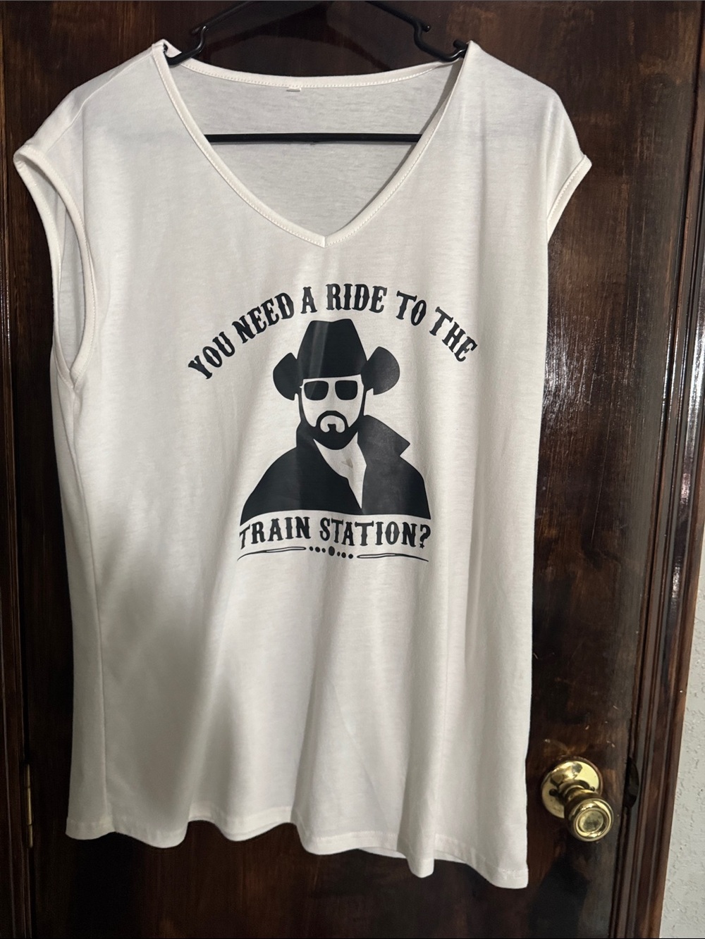 White Graphic V-Neck Tee with Black Cowboy Print